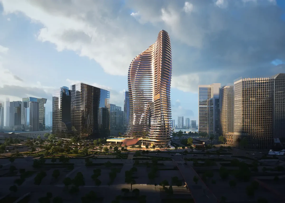 Bugatti Residences tower, a ribbon of curved floors rising above Business Bay