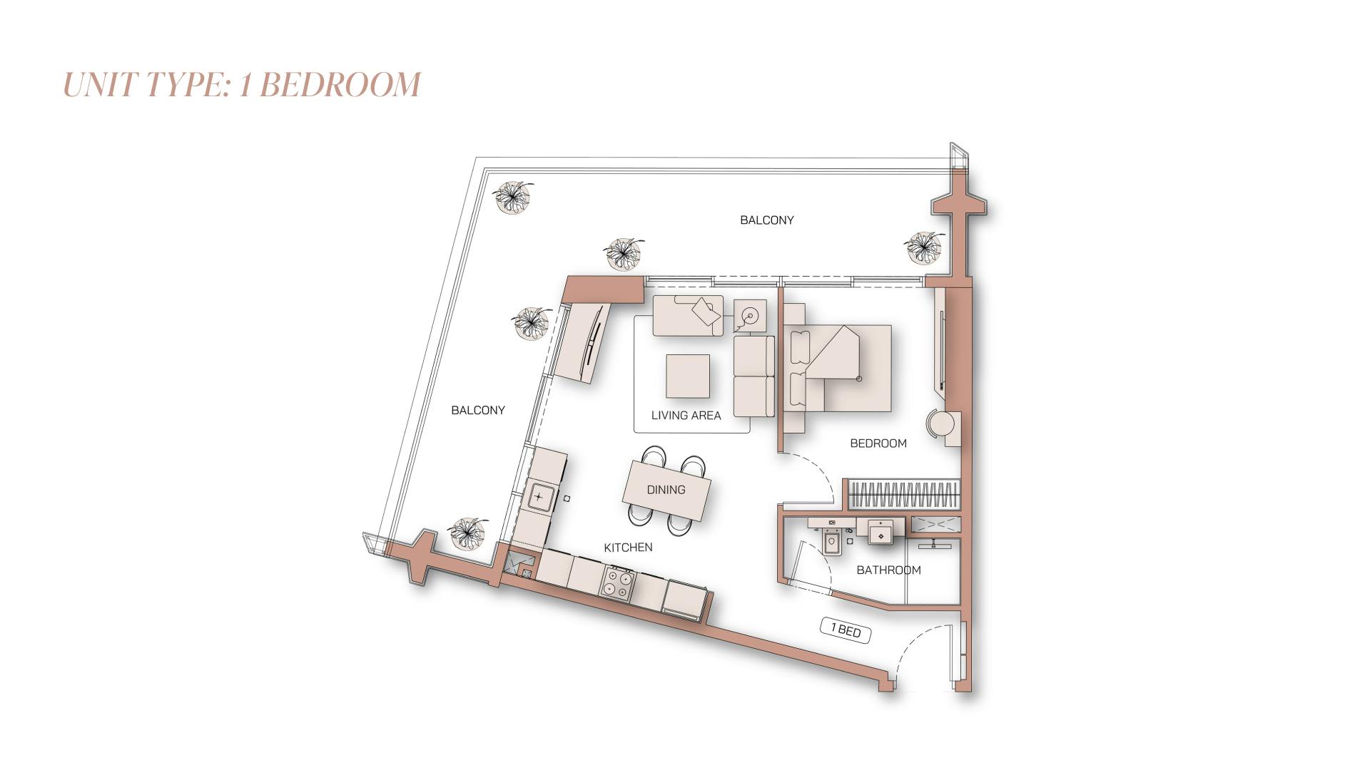 1 Bedroom floor plan at Binghatti Pinnacle