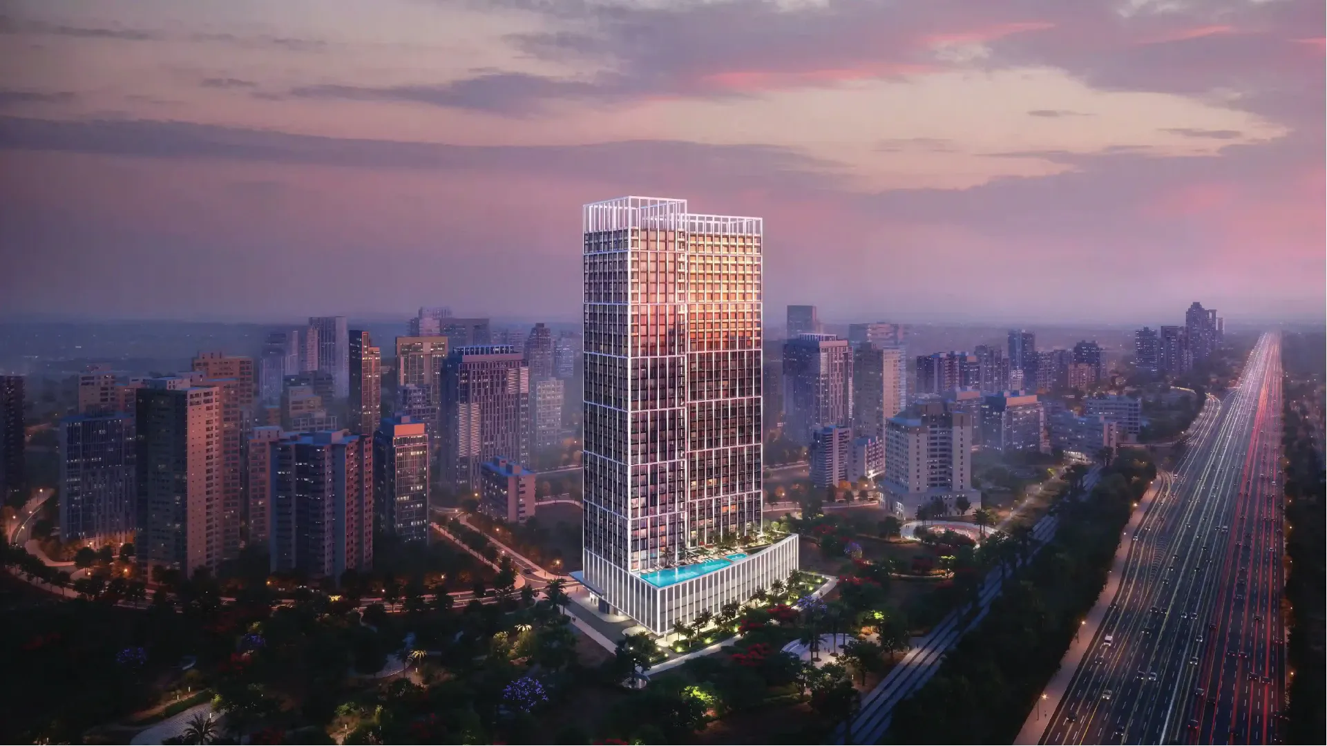 Luxury branded residences tower in Dubai skyline 