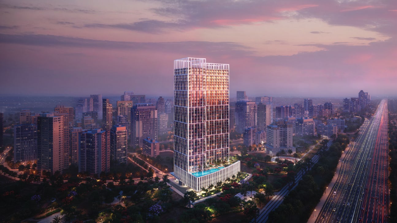 Luxury branded residences tower in Dubai skyline 